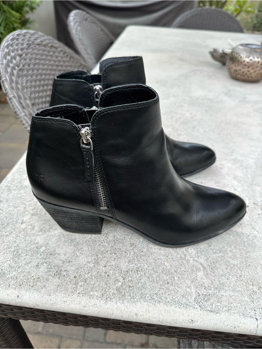 Frye Black Leather Side-Zip Ankle Booties “JUDITH ZIP BOOTIE”
